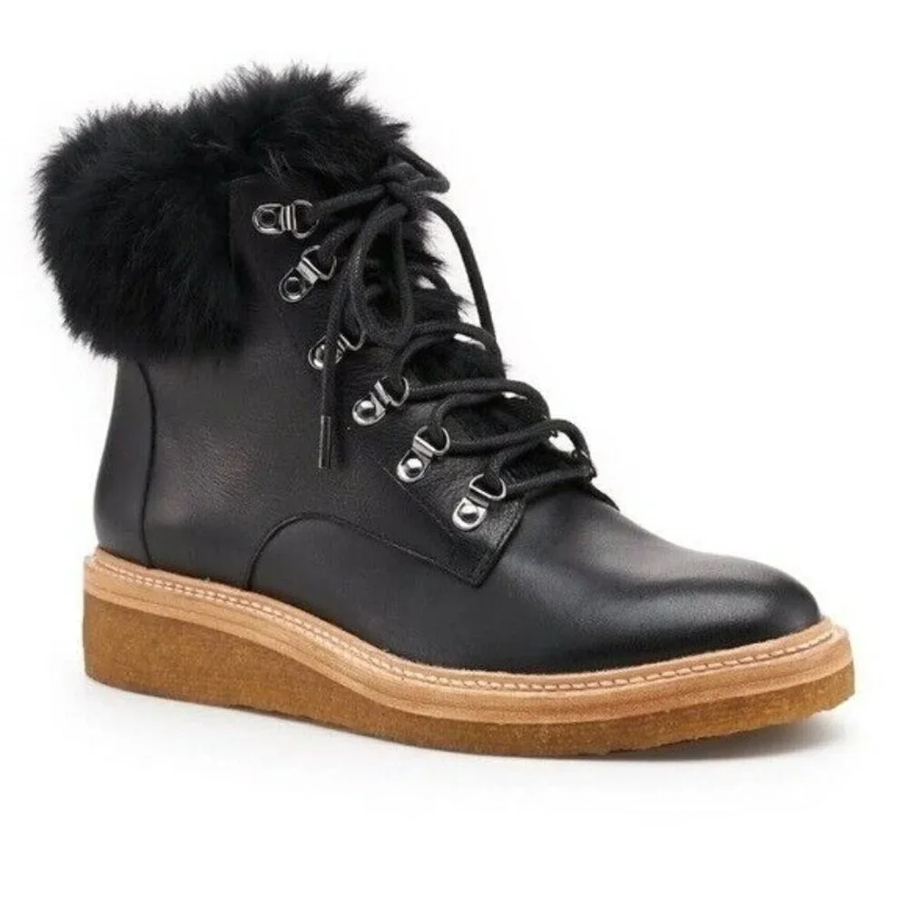 BOTKIER Winter Hiking Boots Faux Fur Collar Black Leather